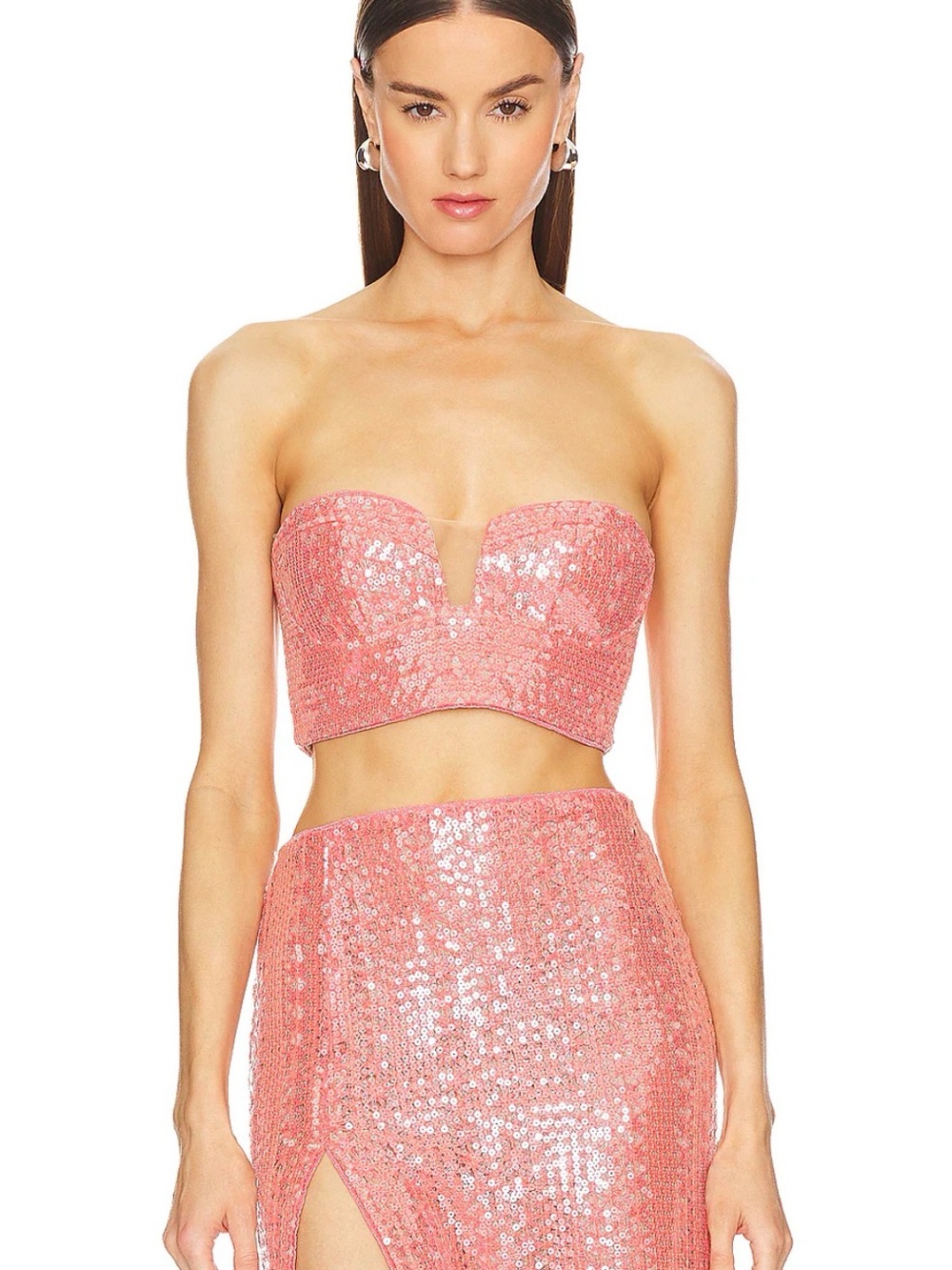 Michael Costello x REVOLVE - Sequined Crop Top and Skirt Set in Coral Pink